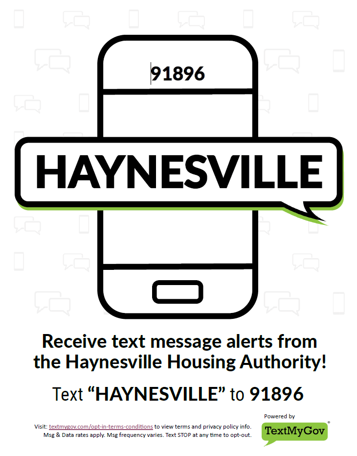 Sign up for Haynesville Housing Authority TextMyGov Text Alerts Flyer, all information provided above.
